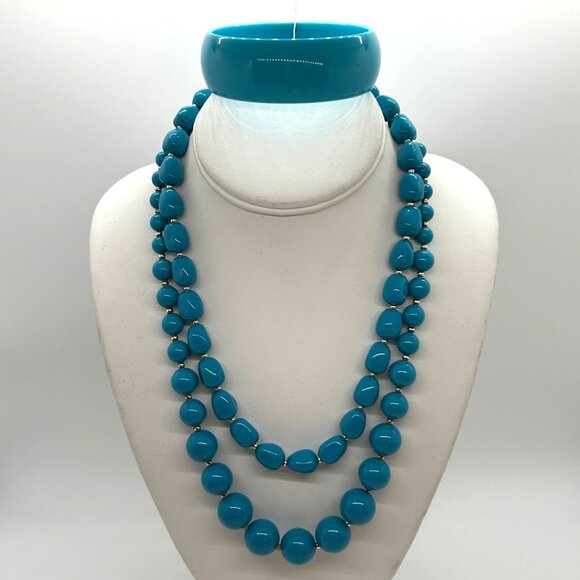 Estate Jewelry - Vintage Turquoise Acrylic Set 2 Necklaces Bangle Bracelet Chunky Bead Statement